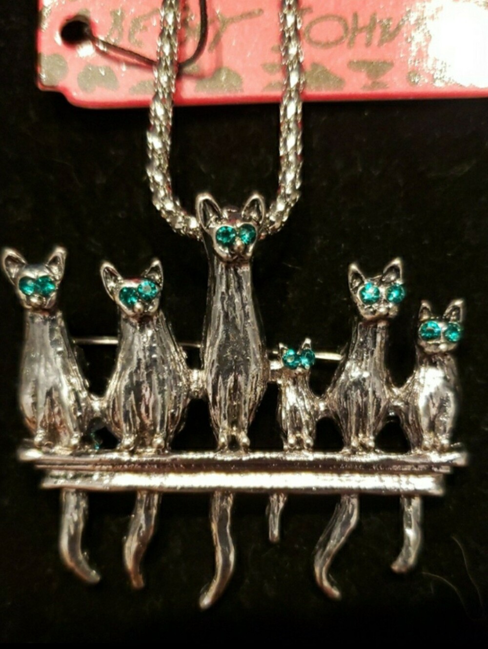 NEW Betsey Johnson Siamese Family Pendant Necklace/Pin Long, Slvrtn Chain, Blue. - Picture 5 of 6